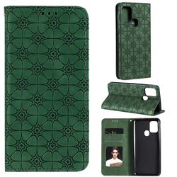 Intricate Embossing Four Leaf Clover Leather Wallet Case for Samsung Galaxy A21s - Blackish Green