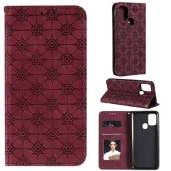 Intricate Embossing Four Leaf Clover Leather Wallet Case for Samsung Galaxy A21s - Claret