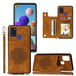 Luxury Mandala Multi-function Magnetic Card Slots Stand Leather Back Cover for Samsung Galaxy A21s - Brown