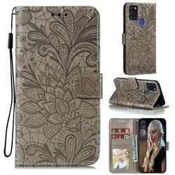 Intricate Embossing Lace Jasmine Flower Leather Wallet Case for Samsung Galaxy A21s - Gray