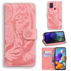 Intricate Embossing Tiger Face Leather Wallet Case for Samsung Galaxy A21s - Pink