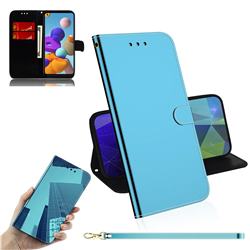 Shining Mirror Like Surface Leather Wallet Case for Samsung Galaxy A21s - Blue