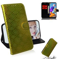 Laser Circle Shining Leather Wallet Phone Case for Samsung Galaxy A21s - Golden