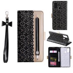 Luxury Lace Zipper Stitching Leather Phone Wallet Case for Samsung Galaxy A21s - Black