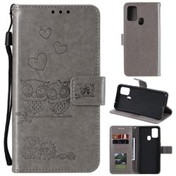 Embossing Owl Couple Flower Leather Wallet Case for Samsung Galaxy A21s - Gray