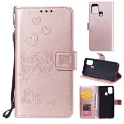 Embossing Owl Couple Flower Leather Wallet Case for Samsung Galaxy A21s - Rose Gold