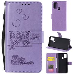 Embossing Owl Couple Flower Leather Wallet Case for Samsung Galaxy A21s - Purple
