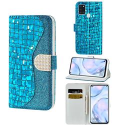Glitter Diamond Buckle Laser Stitching Leather Wallet Phone Case for Samsung Galaxy A21s - Blue