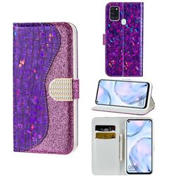 Glitter Diamond Buckle Laser Stitching Leather Wallet Phone Case for Samsung Galaxy A21s - Purple