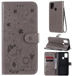 Embossing Bee and Cat Leather Wallet Case for Samsung Galaxy A21s - Gray