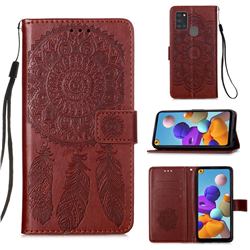 Embossing Dream Catcher Mandala Flower Leather Wallet Case for Samsung Galaxy A21s - Brown