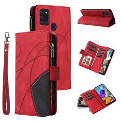 Luxury Two-color Stitching Multi-function Zipper Leather Wallet Case Cover for Samsung Galaxy A21s - Red