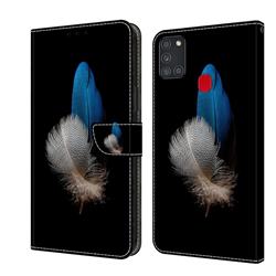White Blue Feathers Crystal PU Leather Protective Wallet Case Cover for Samsung Galaxy A21s