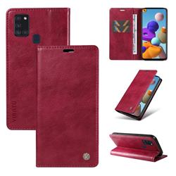 YIKATU Litchi Card Magnetic Automatic Suction Leather Flip Cover for Samsung Galaxy A21s - Wine Red