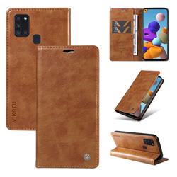 YIKATU Litchi Card Magnetic Automatic Suction Leather Flip Cover for Samsung Galaxy A21s - Brown