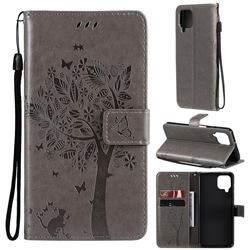 Embossing Butterfly Tree Leather Wallet Case for Samsung Galaxy A22 4G - Grey