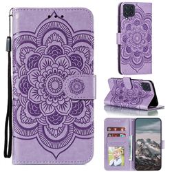 Intricate Embossing Datura Solar Leather Wallet Case for Samsung Galaxy A22 4G - Purple
