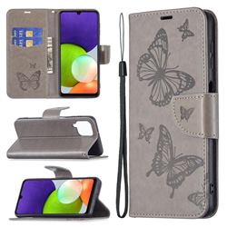 Embossing Double Butterfly Leather Wallet Case for Samsung Galaxy A22 4G - Gray