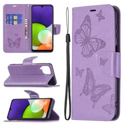 Embossing Double Butterfly Leather Wallet Case for Samsung Galaxy A22 4G - Purple