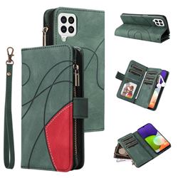 Luxury Two-color Stitching Multi-function Zipper Leather Wallet Case Cover for Samsung Galaxy A22 4G - Green