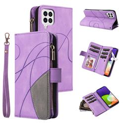 Luxury Two-color Stitching Multi-function Zipper Leather Wallet Case Cover for Samsung Galaxy A22 4G - Purple