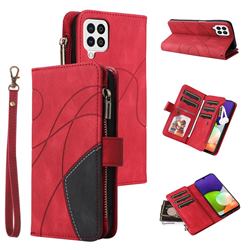 Luxury Two-color Stitching Multi-function Zipper Leather Wallet Case Cover for Samsung Galaxy A22 4G - Red