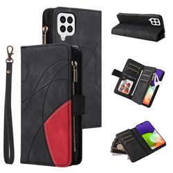 Luxury Two-color Stitching Multi-function Zipper Leather Wallet Case Cover for Samsung Galaxy A22 4G - Black