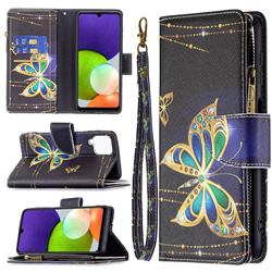 Golden Shining Butterfly Binfen Color BF03 Retro Zipper Leather Wallet Phone Case for Samsung Galaxy A22 4G