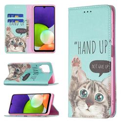 Hand Up Cat Slim Magnetic Attraction Wallet Flip Cover for Samsung Galaxy A22 4G