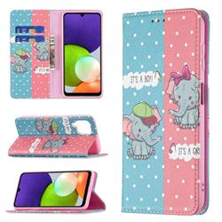 Elephant Boy and Girl Slim Magnetic Attraction Wallet Flip Cover for Samsung Galaxy A22 4G