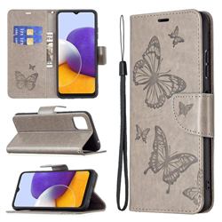 Embossing Double Butterfly Leather Wallet Case for Samsung Galaxy A22 5G - Gray