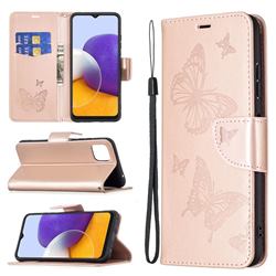 Embossing Double Butterfly Leather Wallet Case for Samsung Galaxy A22 5G - Rose Gold