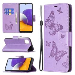 Embossing Double Butterfly Leather Wallet Case for Samsung Galaxy A22 5G - Purple