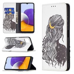 Girl with Long Hair Slim Magnetic Attraction Wallet Flip Cover for Samsung Galaxy A22 5G