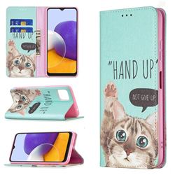 Hand Up Cat Slim Magnetic Attraction Wallet Flip Cover for Samsung Galaxy A22 5G