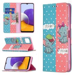 Elephant Boy and Girl Slim Magnetic Attraction Wallet Flip Cover for Samsung Galaxy A22 5G