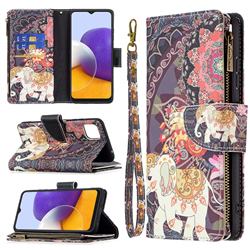 Totem Flower Elephant Binfen Color BF03 Retro Zipper Leather Wallet Phone Case for Samsung Galaxy A22 5G