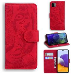 Intricate Embossing Tiger Face Leather Wallet Case for Samsung Galaxy A22 5G - Red