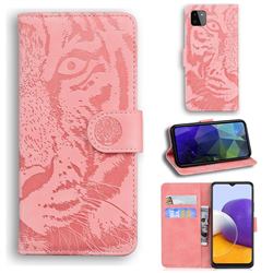 Intricate Embossing Tiger Face Leather Wallet Case for Samsung Galaxy A22 5G - Pink