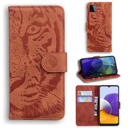 Intricate Embossing Tiger Face Leather Wallet Case for Samsung Galaxy A22 5G - Brown