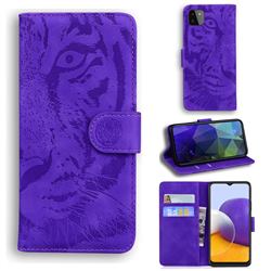 Intricate Embossing Tiger Face Leather Wallet Case for Samsung Galaxy A22 5G - Purple