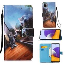 Mirror Cat Matte Leather Wallet Phone Case for Samsung Galaxy A22 5G