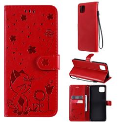 Embossing Bee and Cat Leather Wallet Case for Samsung Galaxy A22 5G - Red
