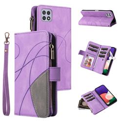 Luxury Two-color Stitching Multi-function Zipper Leather Wallet Case Cover for Samsung Galaxy A22 5G - Purple