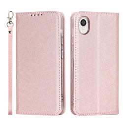 Ultra Slim Magnetic Automatic Suction Silk Lanyard Leather Flip Cover for Samsung Galaxy A22 5G - Rose Gold