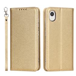 Ultra Slim Magnetic Automatic Suction Silk Lanyard Leather Flip Cover for Samsung Galaxy A22 5G - Golden