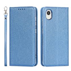 Ultra Slim Magnetic Automatic Suction Silk Lanyard Leather Flip Cover for Samsung Galaxy A22 5G - Sky Blue