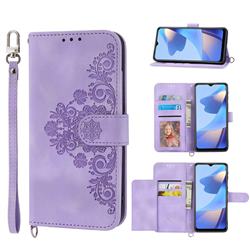 Skin Feel Embossed Lace Flower Multiple Card Slots Leather Wallet Phone Case for Samsung Galaxy A22 5G - Purple