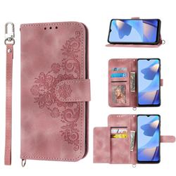 Skin Feel Embossed Lace Flower Multiple Card Slots Leather Wallet Phone Case for Samsung Galaxy A22 5G - Pink