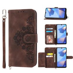 Skin Feel Embossed Lace Flower Multiple Card Slots Leather Wallet Phone Case for Samsung Galaxy A22 5G - Brown
